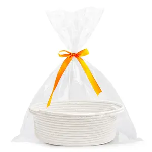 Small Woven Basket with Gift Bags and Ribbons Durable Baskets for Halloween Gifts Empty Small Rope Basket for Storage 12"X 8" X 5" Baby Toy Baskets with Handles, White