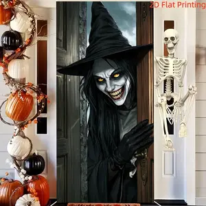 2D Flat Banner 1pc Halloween Horror Witch Door Curtain Dark Wind Printed Background Fabric, Haunted House Party Entrance Decoration Hanging Cloth, Polyester Material