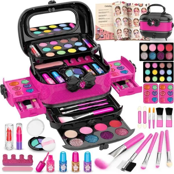 Kids Makeup Kit for Girls 58 PCS Washable Pretend Play Makeup Set with Mirror Real Cosmetics for Little Girls Princess Makeup Toys Toddler Cosmetic Kit Birthday Gift for Girls Ages 3-4 5-6 7-8 9-10 11-12 (Rose)