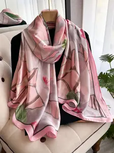 Lotus Pattern Printed Scarf, Elegant Soft Silk Feeling Scarf for Women & Girls, Fashion Accessories for Daily Wear, Trendy All-match & Exquisite Scarf for Birthday Gift