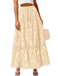 BTFBM Women's Boho Casual Skirts Summer 2026 Lace Embroidery Eyelet Elastic Waist Flowy Tiered A-Line Beach Maxi Skirt