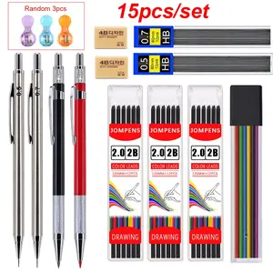 15pcs/set creative metal Art mechanical pencil set, replaceable lead, 0.5mm+0.7mm+2.0mm automatic pencils, used for school office painting, sketching, writing supplies, stationery, Drawing Pencils Set