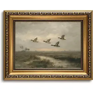 ZQARTZZQ Vintage Gold Framed Flying Duck Canvas Wall Art Mallard Duck Painting Picture Wall Decor Countryside Retro Rustic Farmhouse Poster Print Artwork for Living Room Bedroom 8x10 inch Small Framed