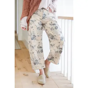 Floral Print Barrel Jeans with Back Buckle Detail