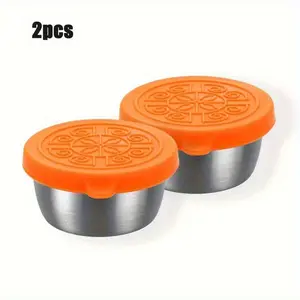 2pcs, Sauce Cups with Lids, 1.6oz Reusable Sauce Containers with Leakproof Silicone Lids, Stainless Steel Condiment Cups for Salad Dressing Container To Go, School Bento Lunch Box, Kitchen Supplies, Food Storage Containers