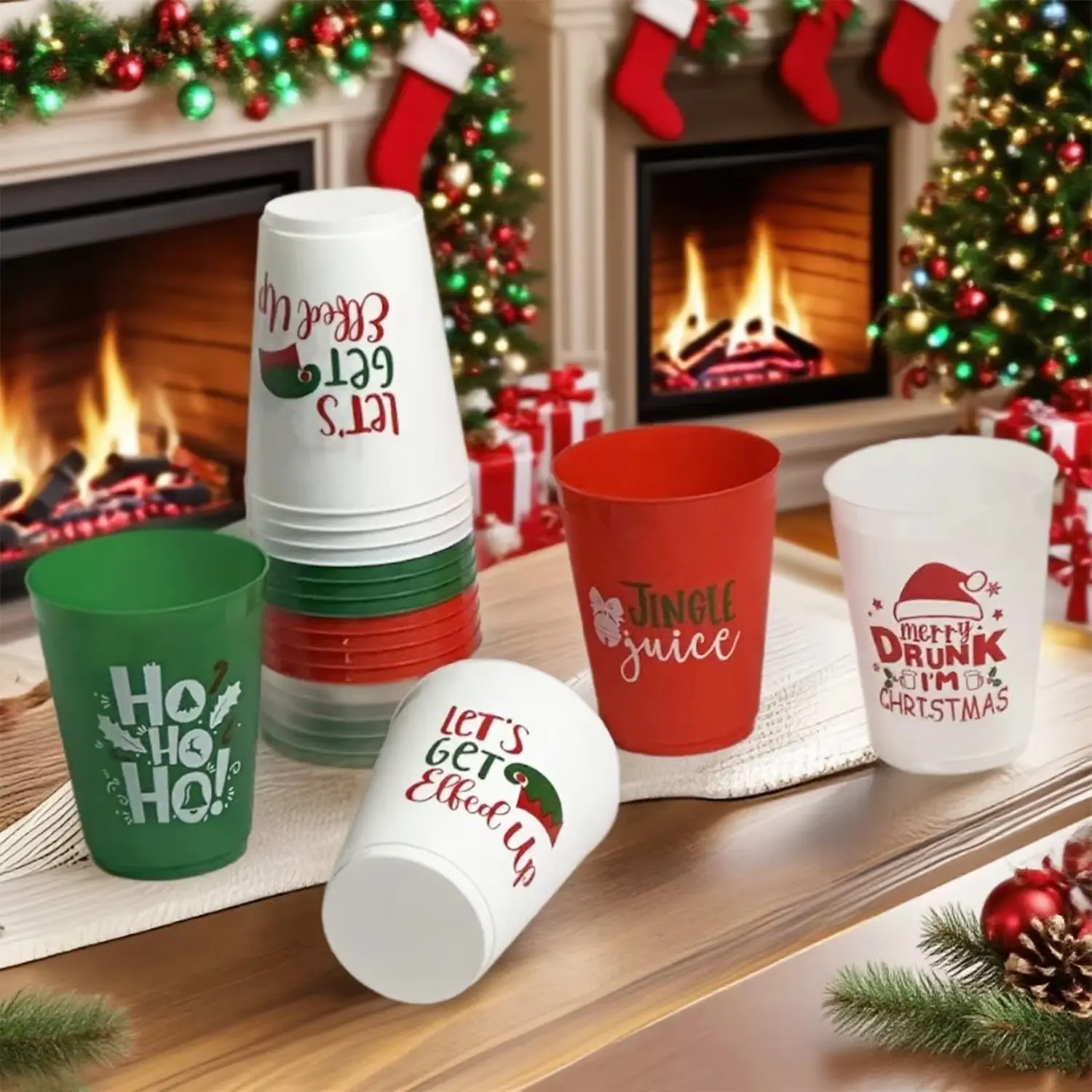 12/20/50/100pcs Four-letter design plastic Christmas cups, plastic party drinking cups, 16 oz reusable cups, for Christmas party decorations
