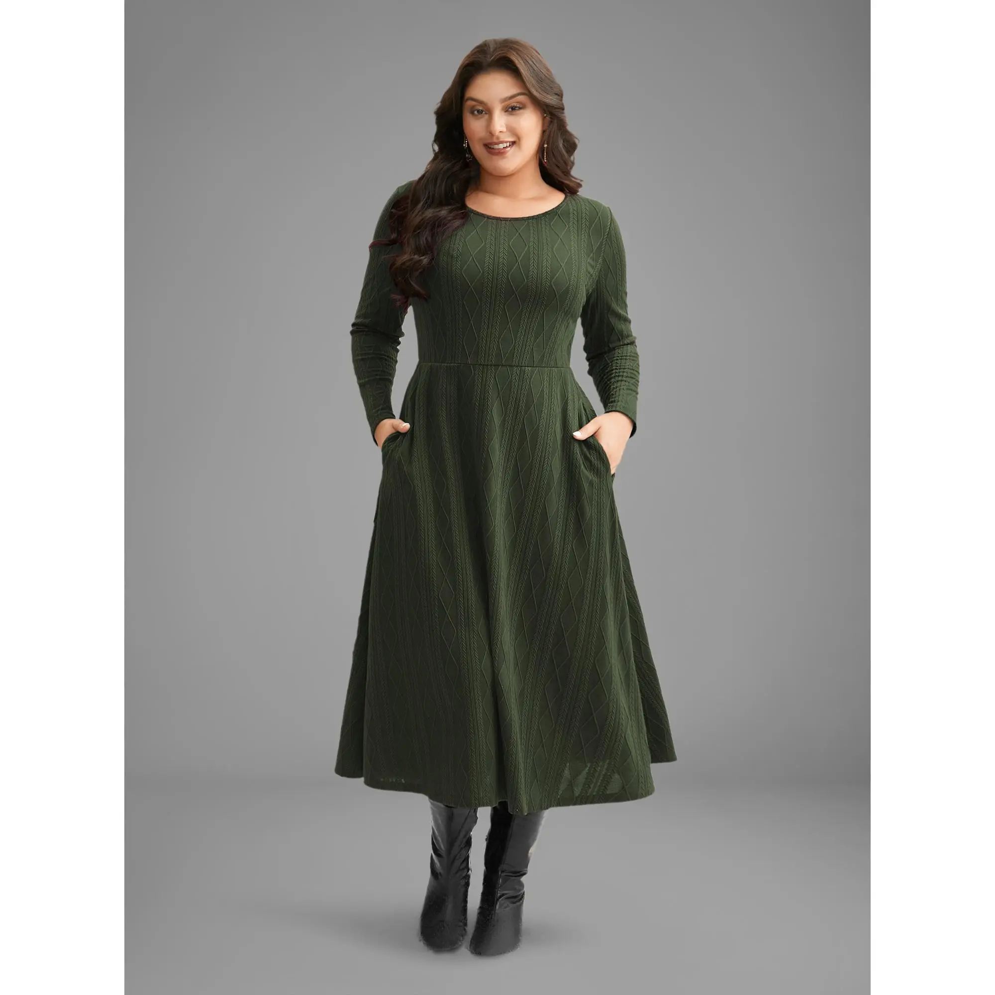 BLOOMCHIC Women's Plus Size Comfy Army Casual Crew Neck Long Sleeve Pocket Fit-and-Flare Midi Dress [M-6X], 2026 Summer Vibes, Breathable Textured Knit Polyester-Spandex Blend, Everyday Simple Wear, Spotlight Deal Summerfinds, Pull-On, Long Sleeves, Fabri