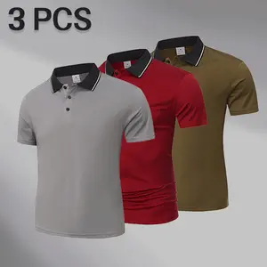 Men’s 3-pack short-sleeve polo shirts featuring classic contrast piping, soft and comfortable fabric, wrinkle-resistant material, suitable for business casual wear, travel, and summer activities.