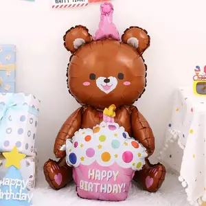 Cartoon Bear Design Balloon, 1 Count Cute Birthday Party Decoration Balloon, Party Supplies, First Birthday, Brown, Pink