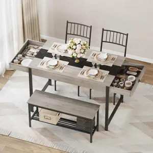 Space-Saving Dining Table Set for 4 – Rectangular Farmhouse Kitchen Table with Storage Drawers & Rack, Bench and 2 Chairs, Perfect for Small Apartments or Dining Areas
