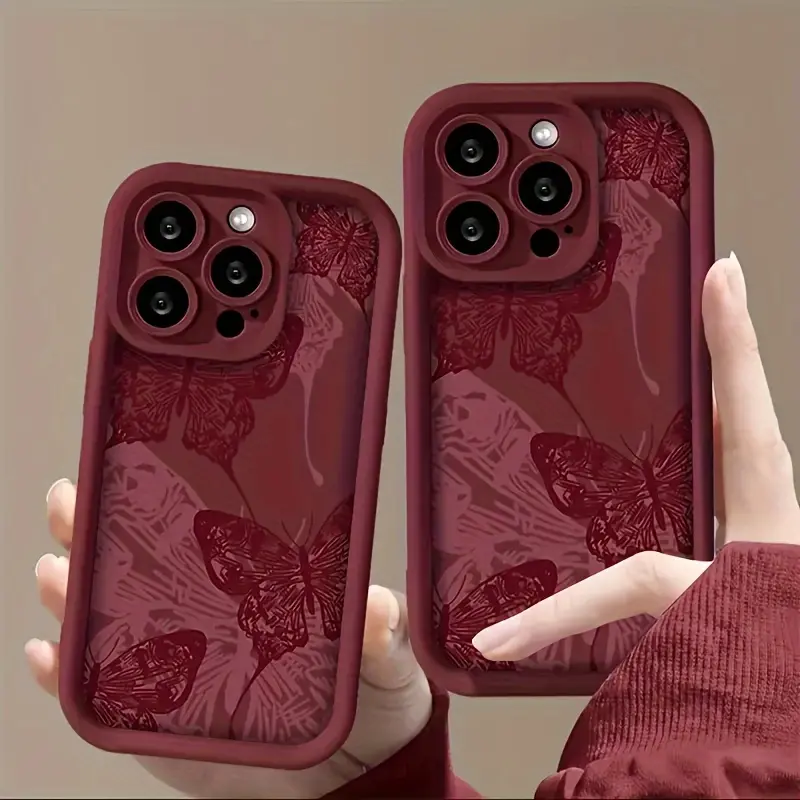 Bamboo Fiber Butterfly Print Phone Case - Wine Red, Protective Accessory for iPhone Smartphones, Premium Cellphone Cover, Accessories, Phone Accessories
