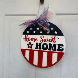 Patriotic Door Hanger - Home Sweet Home Design with American Flag Colors and Stars Decorative Accessory Hand Decoration 15 Inches Lasercut Hand Painted Ornaments for July Celebrations