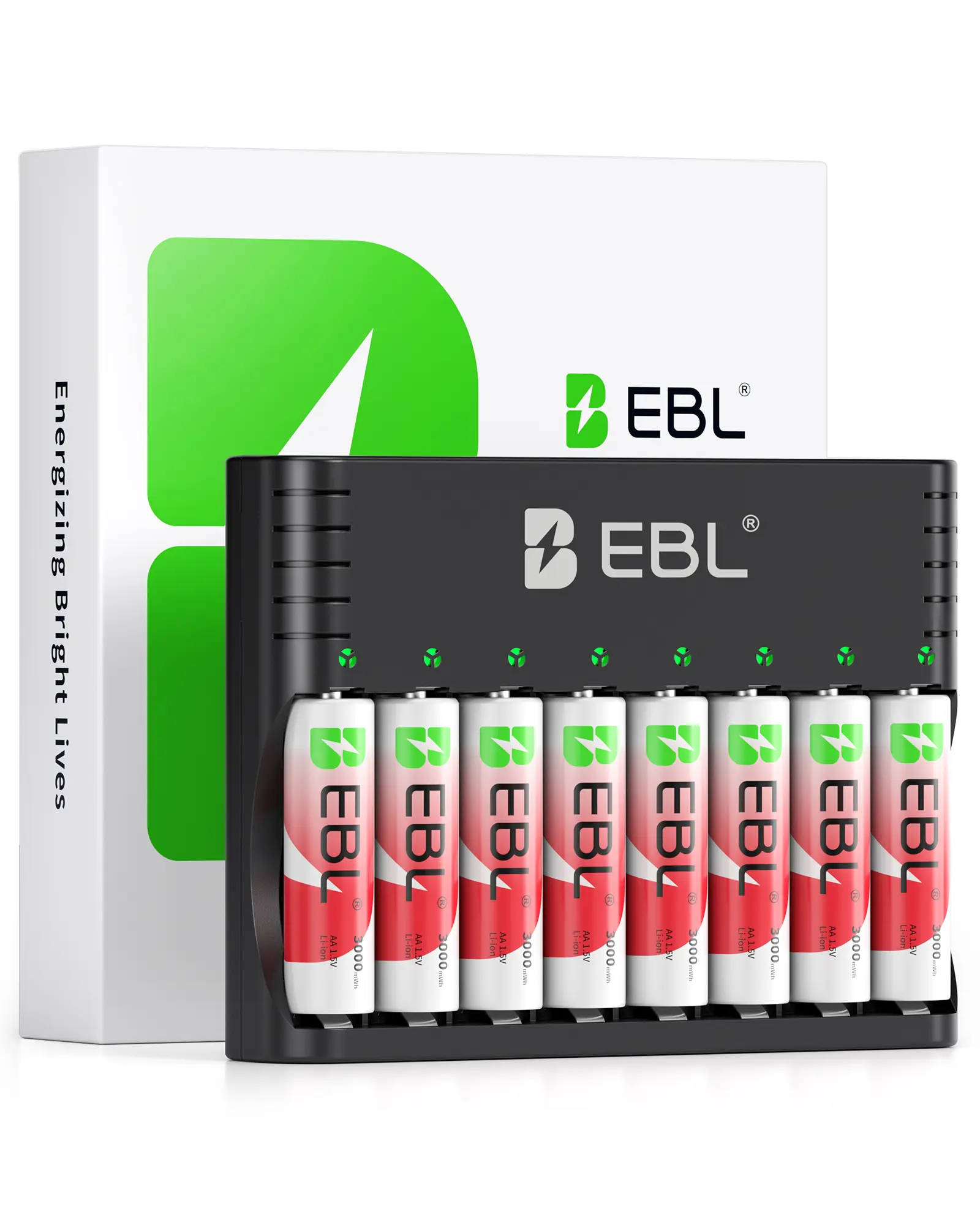 EBL Universal Battery Charger with Multiple Slots + 8-Pack High-Capacity Rechargeable Lithium AA Battery Packs, 3000mWh 1.5V Constant, 1600 Cycles, Leak-Proof, Memory-Free Quick Charge for Blink Cameras, High-Drain Devices, Rechargeable Battery Packs, Ste