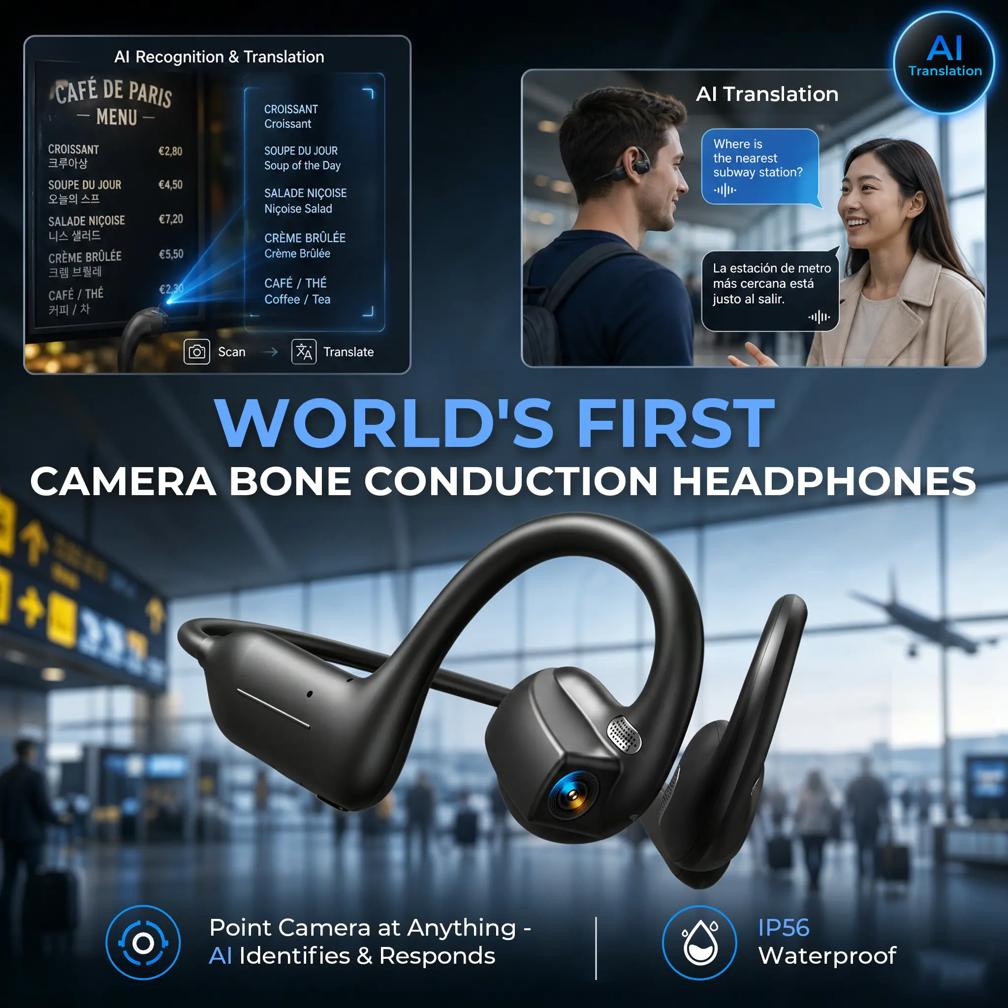 E12 Wearable Bone Conduction Bluetooth Headphones – 8MP EIS Stabilized Video Camera, 160+ Languages Real-Time Translation, Dual Touch & Button Operation, IP54 Water Resistant Open Ear Earphones for Outdoor Cycling, Sports Vlogging, Travel & Daily Calls