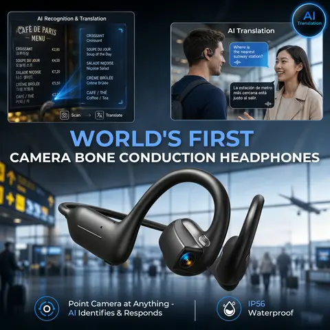 E12 Open Ear Bone Conductor Headset - Smart Bluetooth Headphones with 8MP EIS Shake-Smooth 1080P HD Camera, 160+ Languages Real-Time Translation, Dual Touch & Button Operation, IP54 Water Resistance, Audio Recording, Mobile Outdoor Cycling Birthday Gift