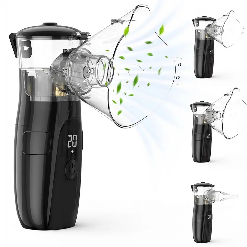 Black Portable Lightweight Mesh Nebulizer, 3 Micron Ultra-Fine Mist, Dual Modes, 5-Min Auto Self-Cleaning, Low-Noise Silent Design, Handheld USB-Rechargeable Inhalation Device for Adults & Children, Includes Adult & Child Masks & Mouthpiece