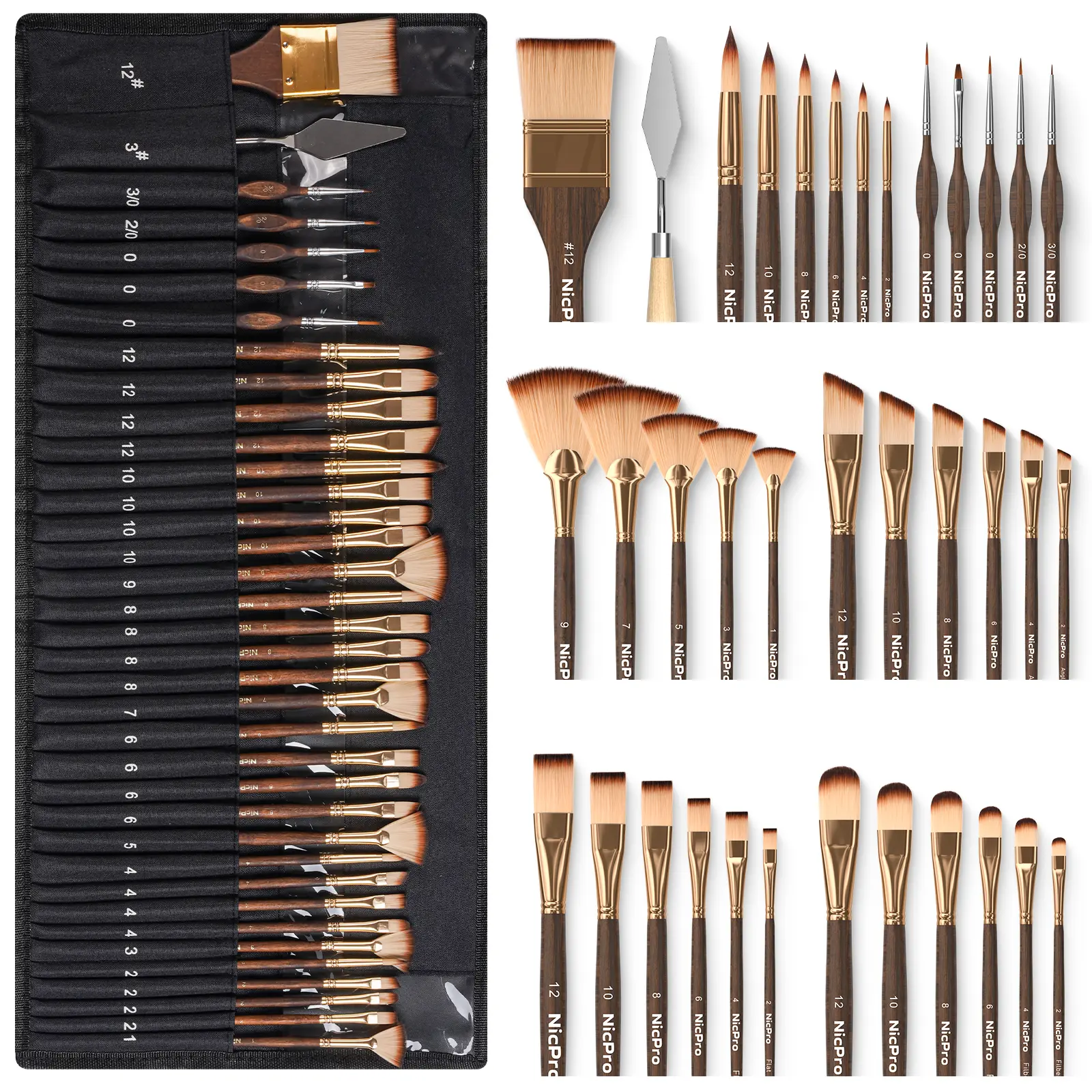 Nicpro Brushes Set Paintbrushes - Assorted, Enhanced Synthetic Artwork & Craft Acrylic Water-Based Paintbrushes Kit with Cloth Roll Case, Palette Knife, Gift Package for Adults