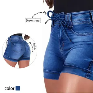 Chic Women's High - Rise Cuffed Denim Mini Cute Shorts - Stylish Bow Tie Detail