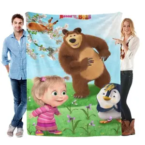 Cartoon Masha and the Bear themed blanket Super Soft Flannel Fleece, Lightweight Cozy Plush for Sofa Couch Bed Travel. Skin-friendly and breathable
