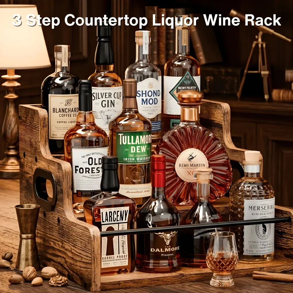 3/4-Tier Wooden Wine Rack Countertop Organizer, Rustic Wood Bottle Display Shelf with Handles and Metal Safety Bar, Multi-Purpose Home Bar Storage Rack for Wine, Whiskey, Kitchen, Living Room, Cabinet，