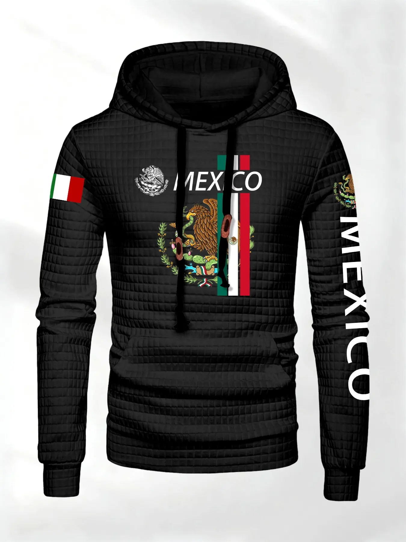 Men's Waffle Texture Knit Long Sleeve Hoodie Sweatshirts with Cultural Mexican Letter Print, Comfortable Casual Streetwear for Daily Wear and Outdoor Activities, Graphic Print Hoodie, Casual Cozy Sweatshirt