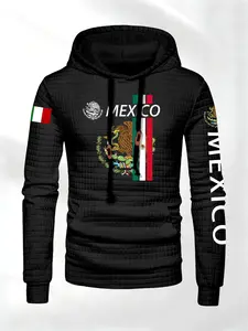 Men's Waffle Texture Long Sleeve Hoodie with Mexican Letter Print, Comfortable Streetwear for Daily Wear and Outdoor Activities