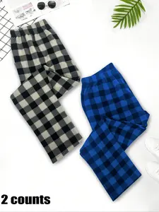 Men's 2pcs Plaid Print Elastic Waist Sleep Pants Pajamas, Casual Comfy Loungewear Pants, Soft Breathable Sleep Bottoms for All Seasons