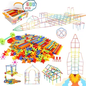 Straw Constructor Toys STEM Building 600Pcs Toy Interlocking Plastic Engineering Thin Tube Blocks Educational Kit for 3 4 5 6 7years Boys and Girls Gift