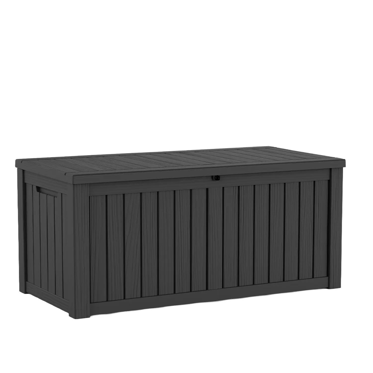 120-Gal Extra Large Decorative Plastic Multipurpose Storage Bench, Outdoor Patio Deck Box with Hydraulic Hinges, Water Repellent, Lockable, Side Reinforcements, Wood-Like Grain (Black)