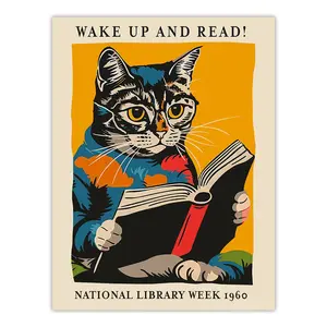 Cat Reading Poster, Mid-Century Art Print, 1960 National Library Week Inspired Wall Art, Aesthetic Digital Download