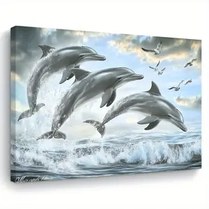A Wooden Frame Canvas Painting-Joyous Dolphin Dancing in Waves, Size 11.8 X15.7 Inches, Suitable for Hanging in the Living Room, Bedroom, Kitchen Wall Art Print-Ideal Home Decorative Gift, Dolphin Decoration