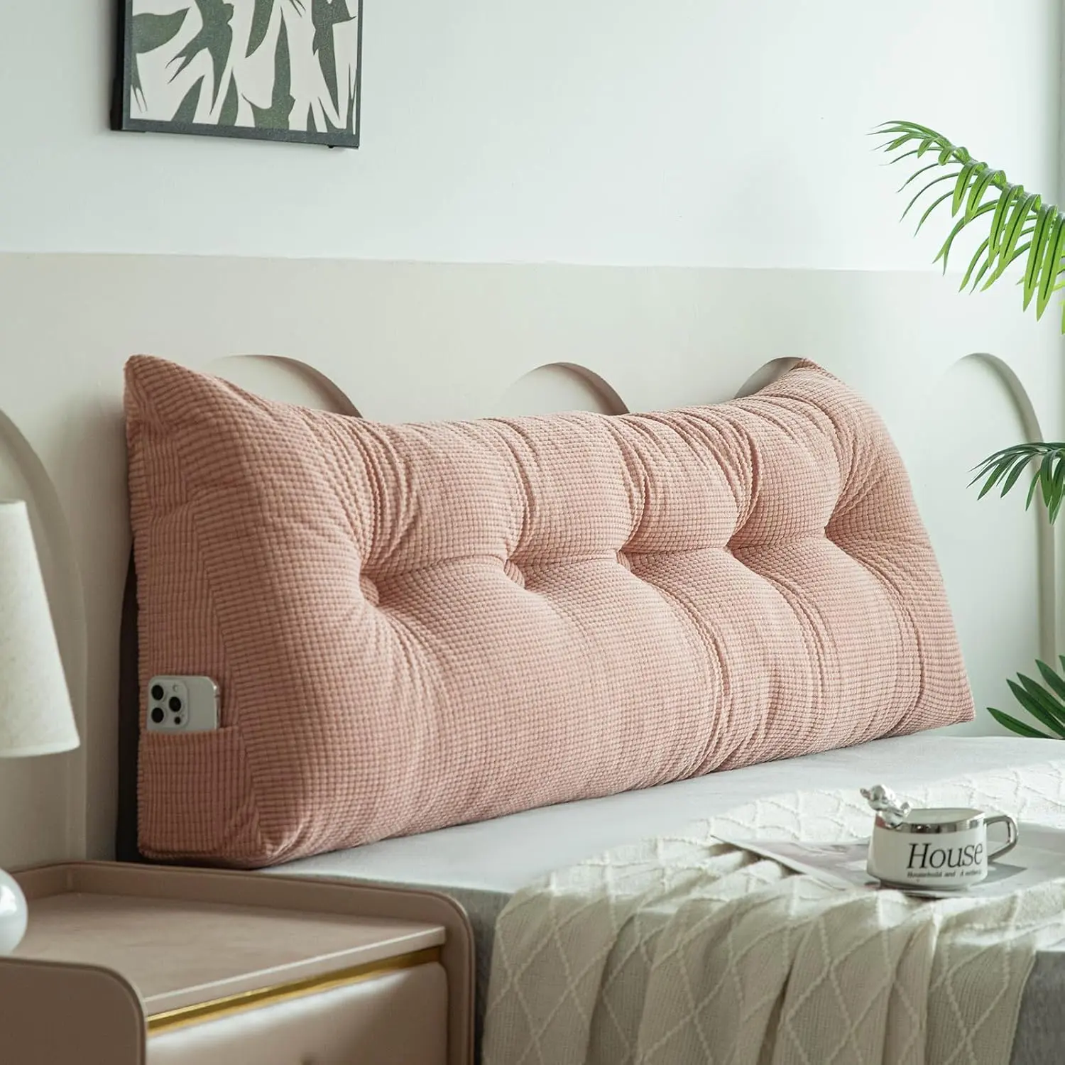 Twin Size Blush Pink Wedge Reading Pillow - Dorm Bed Backrest Support Bolster Cushion with Positioning Function, 39*4.7*15.7in