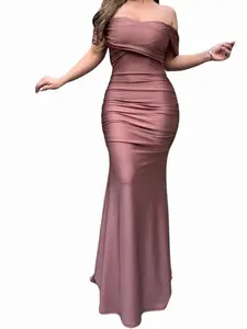 9078 OFF THE SHOULDER MAXI DRESS WITH BACK GATHERING