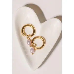 Estela Purple Freshwater Pearl Gold Hoop Earrings – Stainless Steel Chunky Huggie with Real Pearl Drop