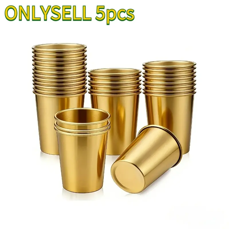 5Pcs 260ML（Gold and silvery） Stainless Steel Cups Metal Pint Cups Unbreakable Drinking Glasses Stackable Drinking Cups Drinkware for Home Travel