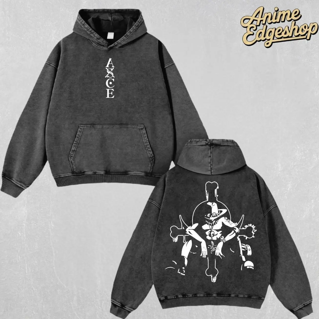 Retro Vintage Portgas D. Ace Oversized Washed Hoodie , One Piece Anime Streetwear Outfits, Heavyweight Cotton Unisex Graphic Tee Top, Gift For Him & Her Manga Lover, Halloween gift  OCE