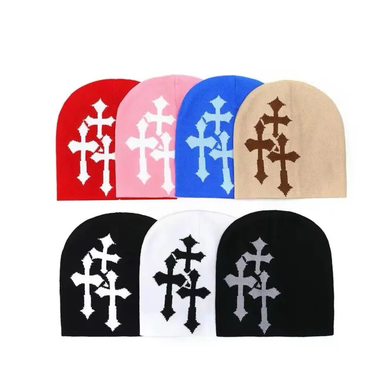Y2K Crucifix Jacquard Knitted Hat European American Popularity Hip Hop Street Trend Fashion Personality Adult Hat in Red Blue Beige Black Colors