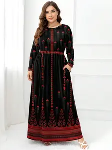 【Plus Size】 Plants Print Pocket Round Neck A Line Dress, Boho Floral Long Sleeve Dress for Spring & Fall, Women's Clothes for Daily Wear