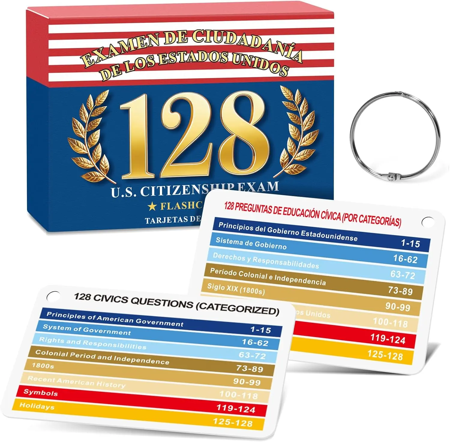 2026 Inglés y Español, US Citizenship Flash Cards | 128 Preguntas y Respuestas con Anillo Metálico , Preguntas para La Ciudadania, Bilingual English and Spanish Flashcards