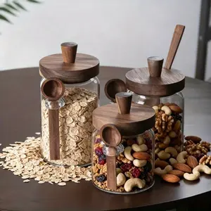 Airtight 3pcs Glass Canisters with Spoon - Leak-Proof Storage Jars for Coffee, Sugar, Flour, Tea, Snacks - Multi-Purpose Kitchen Organizer, Coffee Bar Accessories, Pantry Storage, Round Glass Jars with Dark Brown Lids for Countertop Display