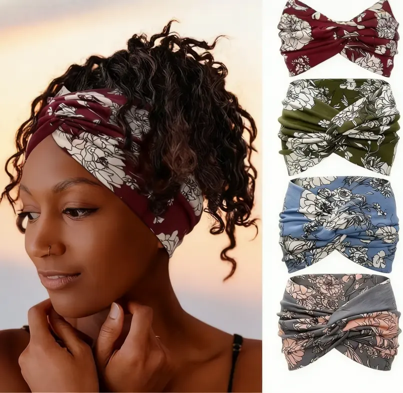 Women's 4-Pack Bohemian Wide Sports Headbands - Polyester Knit, Geometric Print, Elastic Wrap - Yoga Sport Use, Elegant Simple Design for Fall/Winter
