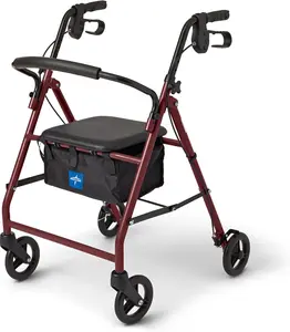 Steel Rollator Walker for Adult Mobility Impairment, Burgundy, 350 lb. Weight Capacity, 6” Wheels, Foldable, Adjustable Handles, Rolling Walker for Seniors
