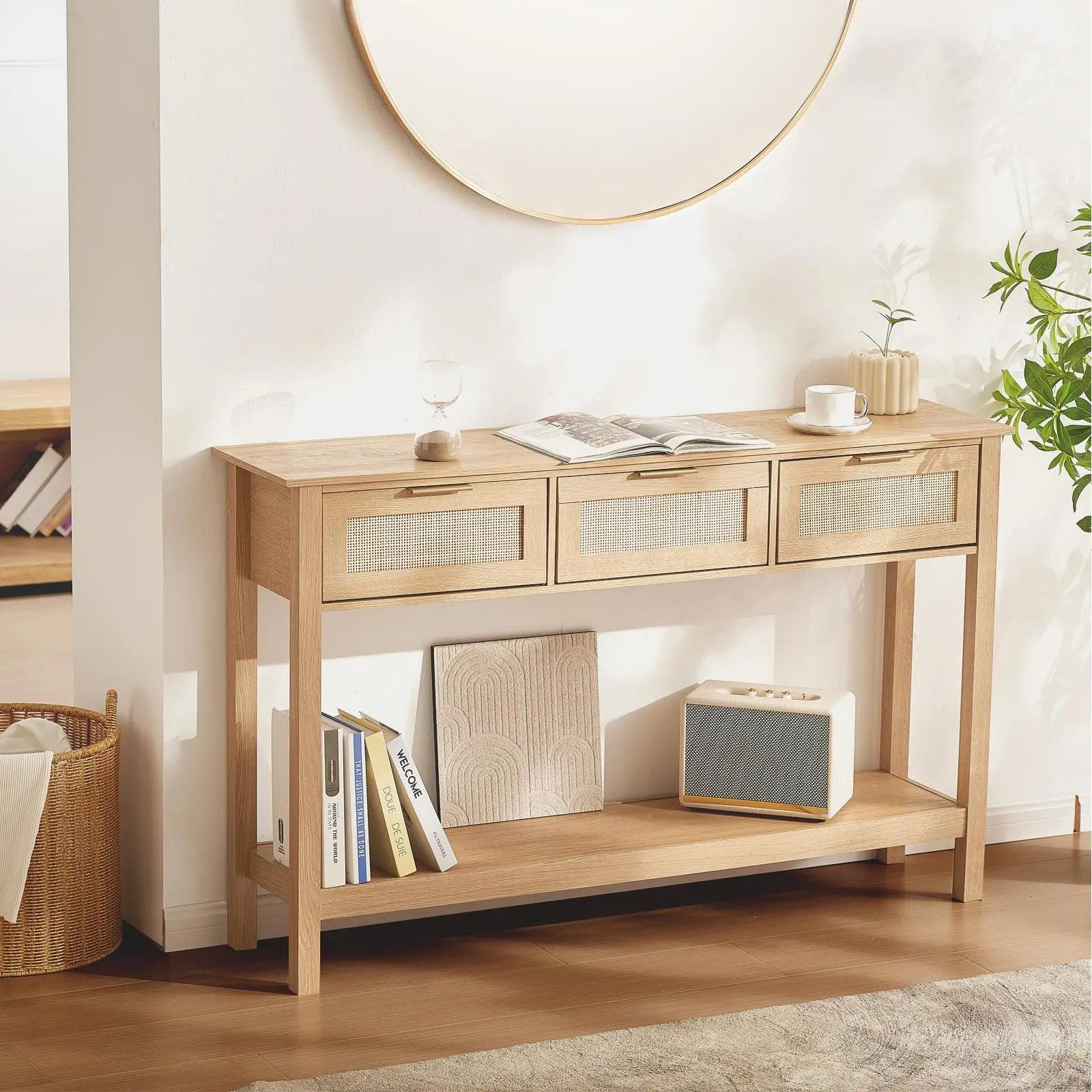 【Summerfinds】VEVOR Rattan Console Table with 3 Storage Drawers, Rattan Entryway Table with Natural Rattan Sliding Door, Console Sofa Table for Living Room, Study, Entryway Or TV Wall, Natural