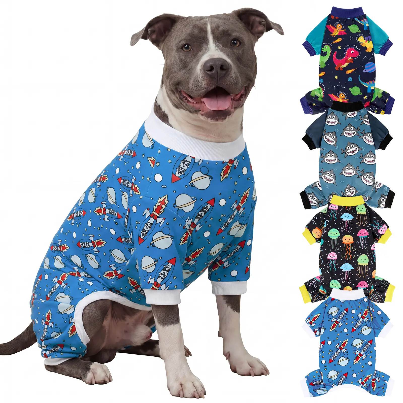 XPUDAC 4 Pack Soft Shirts, Easy Wear Universal Fit with Unique Animal & Cartoon Prints (Jellyfish, Rocket, Dinosaur, Shark), Stylish Pet Clothing for Dogs, Ideal for Home Wear & Parties,Summervibes,Petlovers