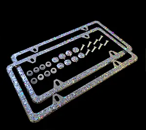 Dazzling Addiction 2 Bling License Plate Frames Holographic Silver Big Chunky Glitter Bling Clear Made in USA Handmade Diamond Holder Screw Caps Personalizable Customizable Customized White Bedazzled Sparkly Shimmering for Girls and Women 4 Holes