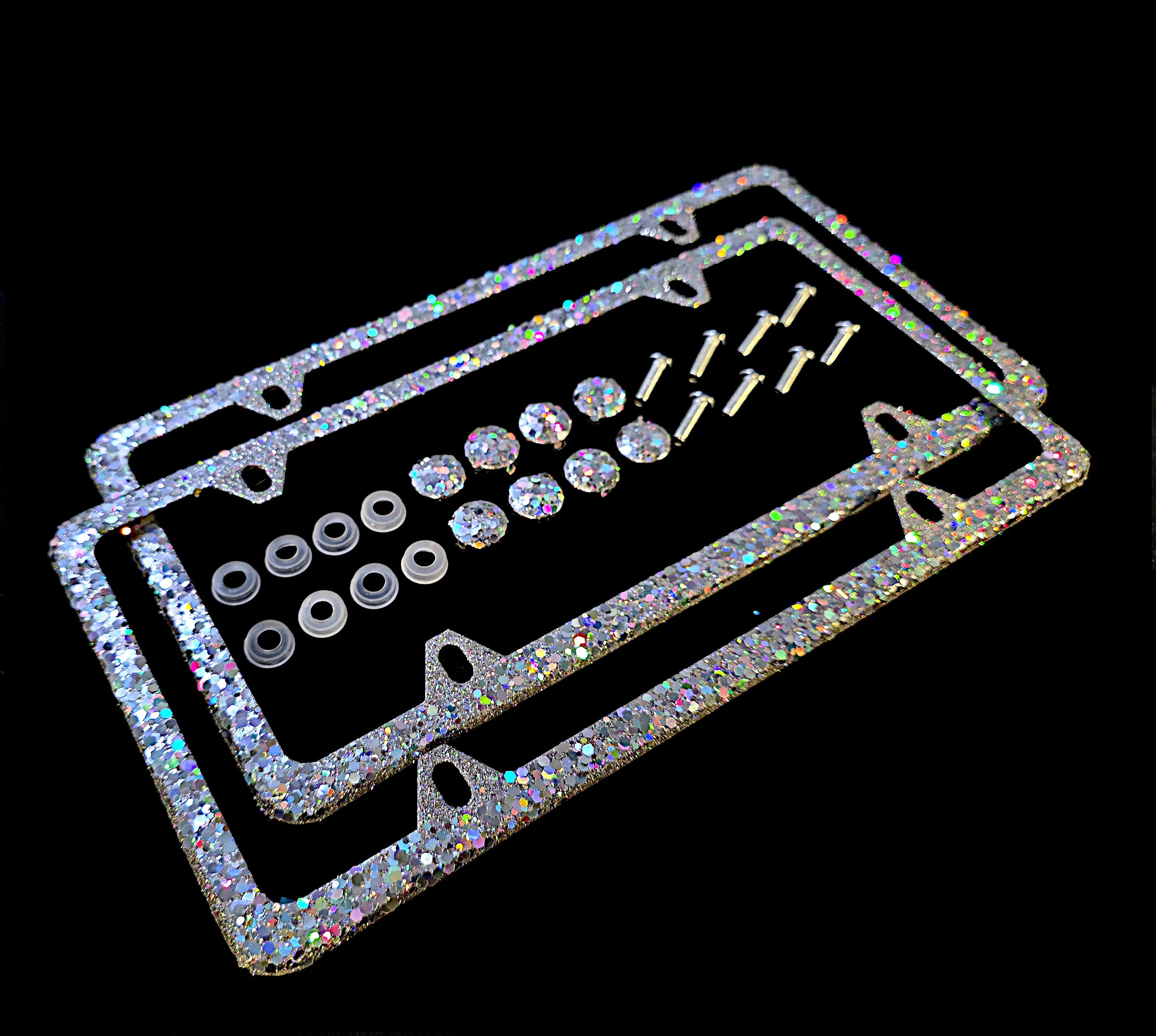 Dazzling Addiction 2 Bling License Plate Frames Holographic Silver Big Chunky Glitter Bling Clear Made in USA Handmade Diamond Holder Screw Caps Personalizable Customizable Customized White Bedazzled Sparkly Shimmering for Girls and Women 4 Holes