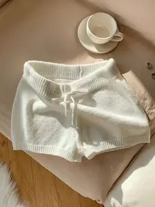 White Knit Shorts Drawstring Waist Soft Casual Loungewear for Women Spring Summer Beach Cover Up Vacation Daily Wear