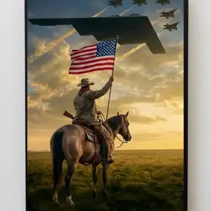 Cowboy B2 Poster Unframe, 4th of July Wall Art, Stealth Bomber Patriotic Poster, American Flag Vintage Military Decor, Independence Day Art Print