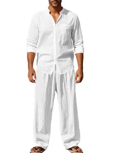 Men's 95% Premium Linen Set, Ultra-Lightweight Washed Crinkle, Long Sleeve Shirt & Trousers, Breathable Stand Collar, Modern Boho Vacation, Pants Set