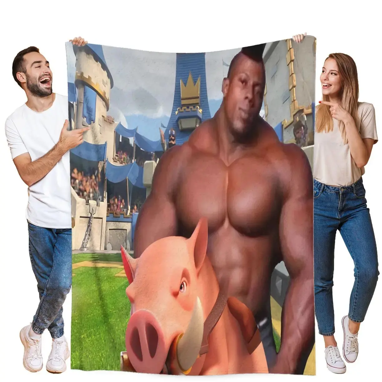 Hog Rider Gaming Funny Pig Black Muscle Chenille Throw Blanket, Cozy Warm Soft Velvet Blanket for Car, Sofa, Bed, Cozy Warm Blanket